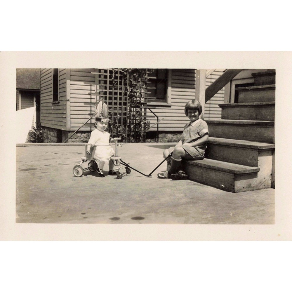 Vtg Snapshot Photo Children Riding Toy Feathered Headband 1930s - Picture 1 of 2
